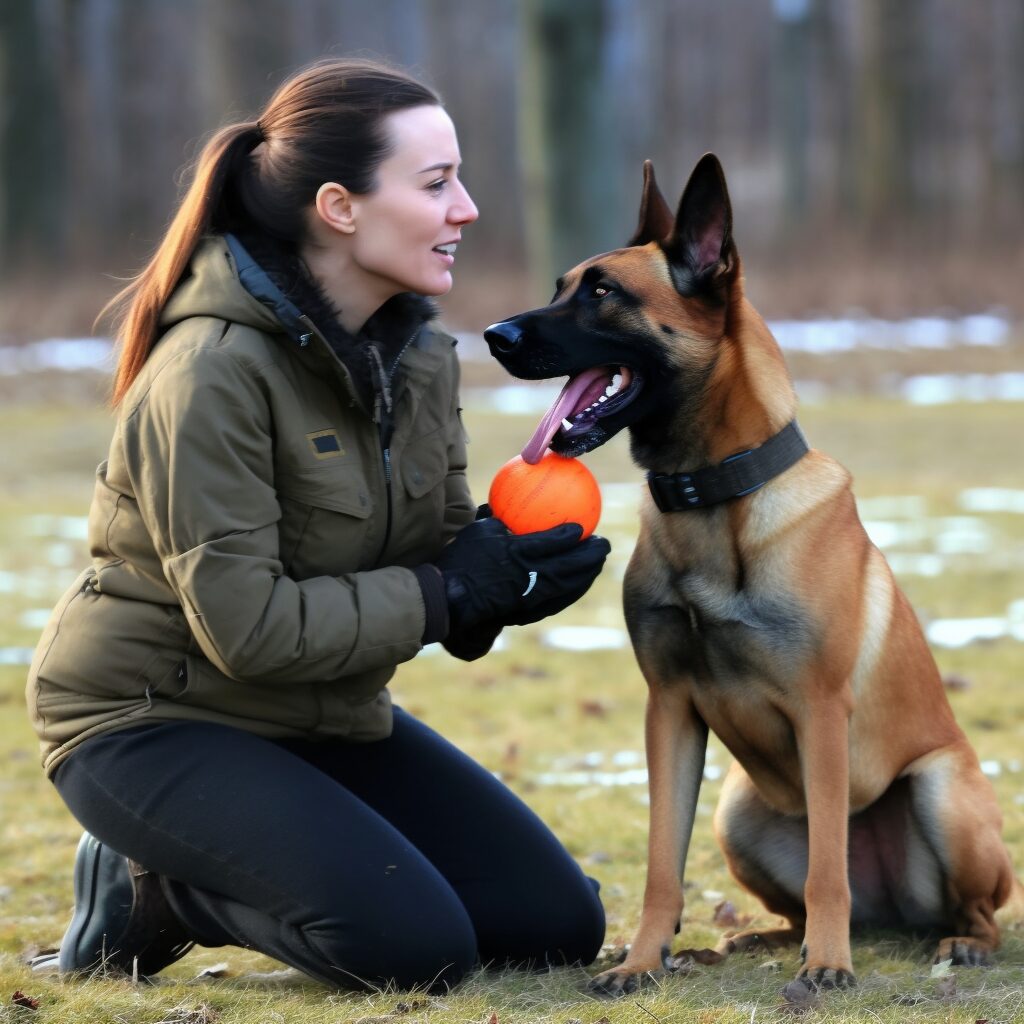 A woman is playing with her dog in the park