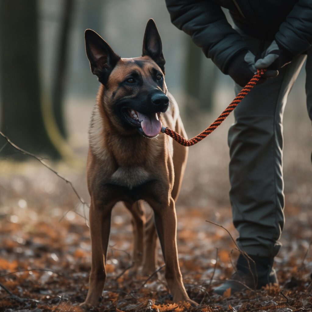 A dog standing in front of a mountain with trees.