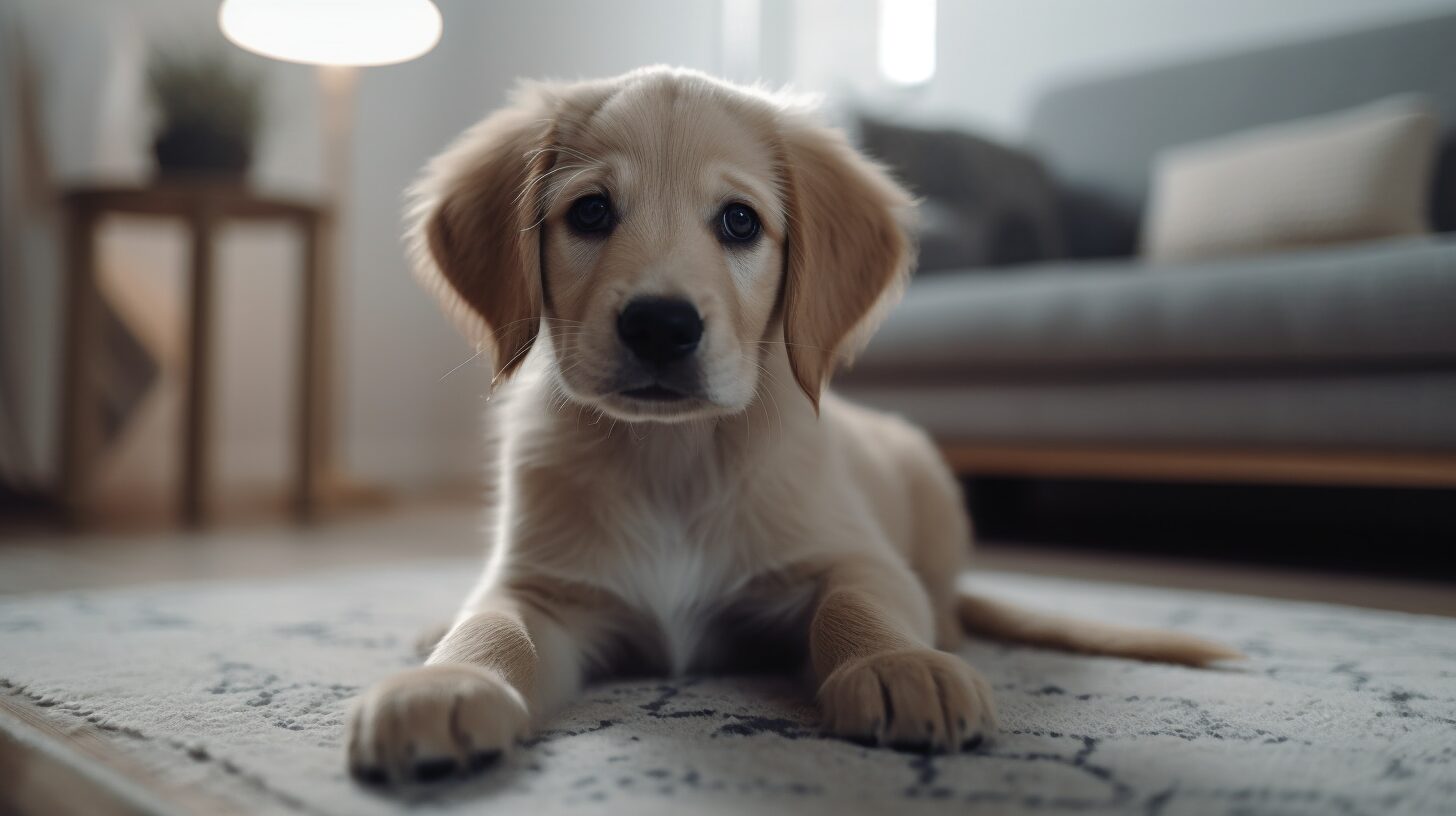 A dog laying on the floor in front of a couch.