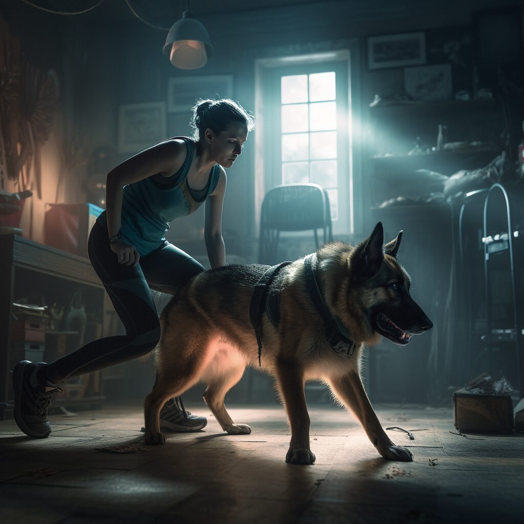 A woman and her dog in the dark.