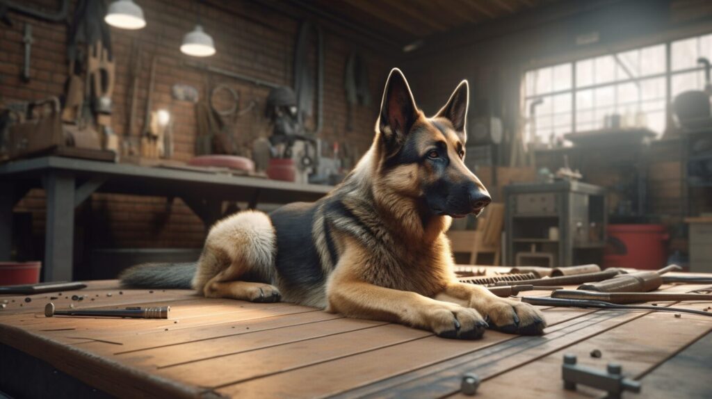 A german shepherd laying on top of a wooden table.