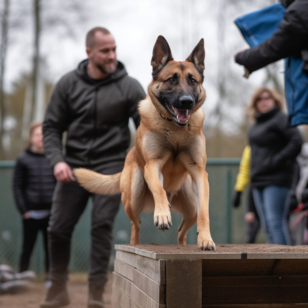 A dog is jumping over the obstacle course.