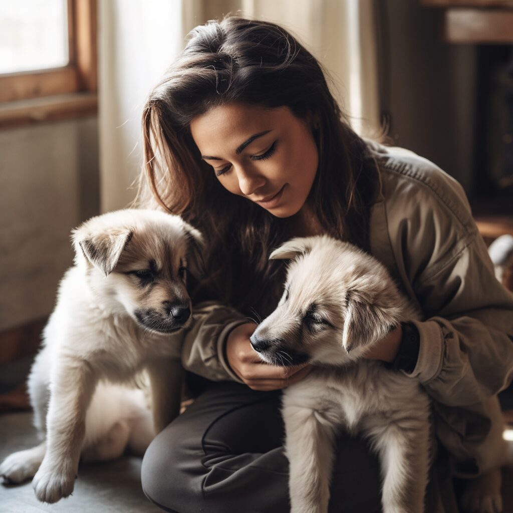 A woman holding two puppies in her lap.