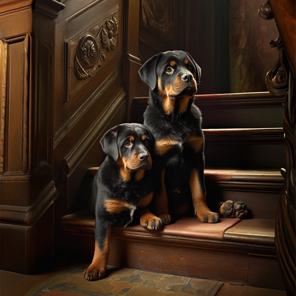 Two dogs sitting on the steps of a staircase.