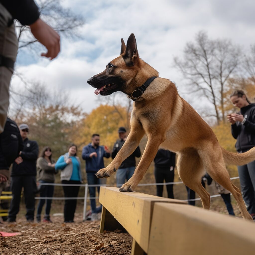 A dog is jumping over the obstacle course.