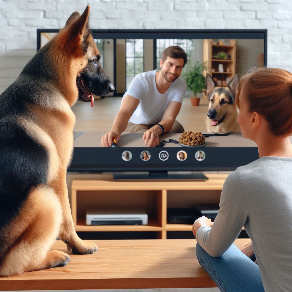 A woman and her dog are watching tv.