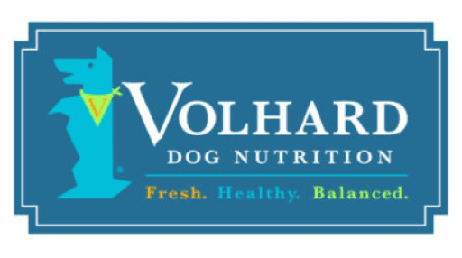 A blue banner with the words " volhard dog nutrition fresh, healthy, balanced."