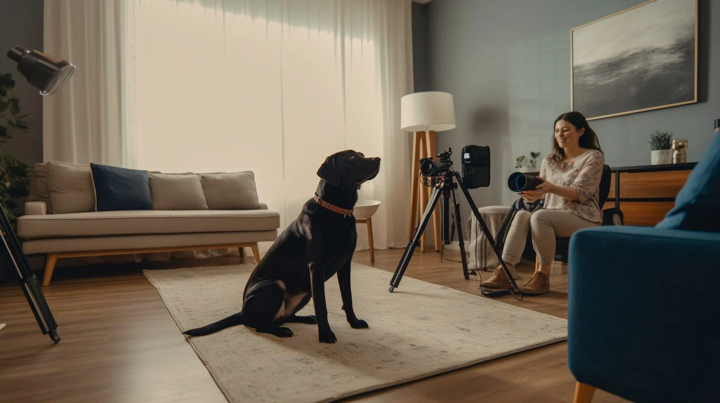 A dog sitting on the floor in front of a woman.