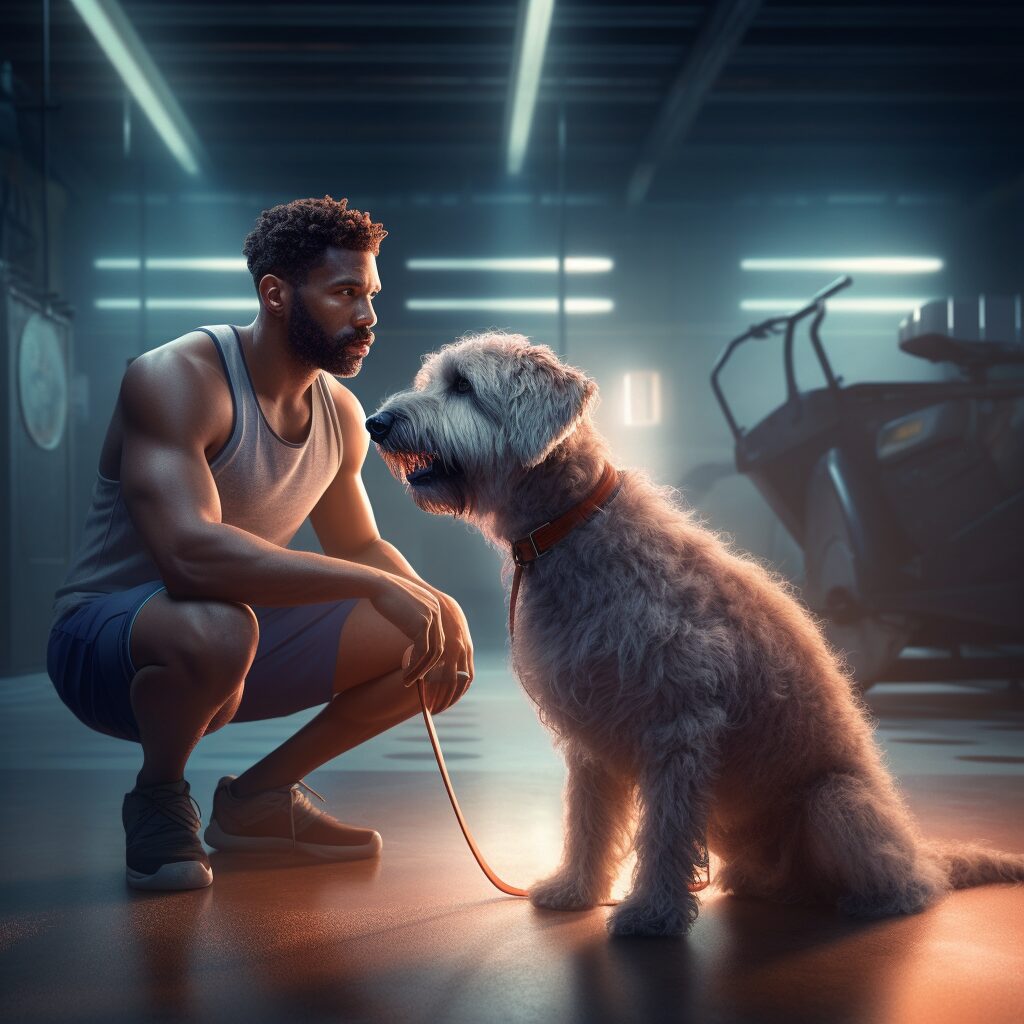 A man squatting down next to a dog.